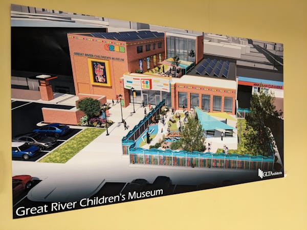 A rendering displayed inside Great River Children’s Museum in downtown St. Cloud shows renovated outdoor and rooftop spaces. The museum is expected 
