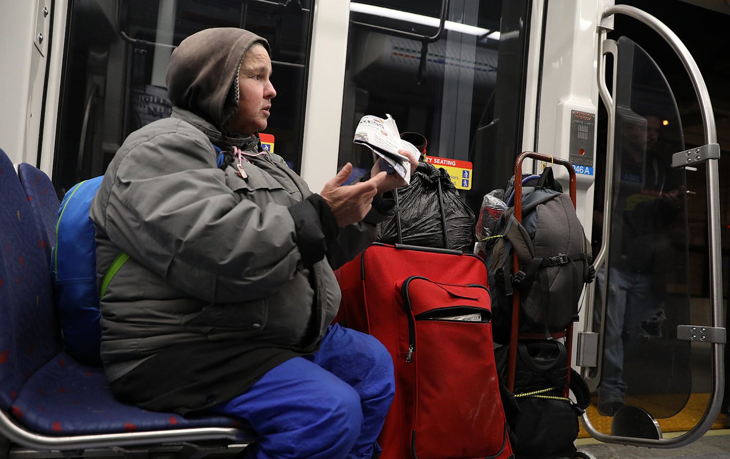 A homeless woman who identified herself only as Rita talks about spending nights on the Metro Transit light-rail trains to keep out of the cold in Minneapolis. ] ANTHONY SOUFFLE &#x2022; anthony.souffle@startribune.com Overnight riders sleep on the Metro Transit light-rail trains Thursday, Dec. 22, 2016 in Minneapolis. Each day, dozens of these sleeping passengers are roused by police, and told to move along. As cold weather finally descends on the Twin Cities, those lacking shelter seek it out