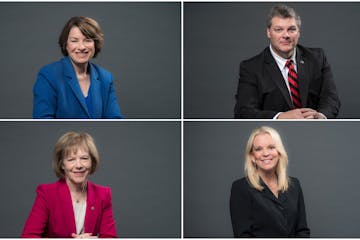 U.S. Sen. Amy Klobuchar (top left) is running against GOP state Rep. Jim Newberger, and U.S. Sen. Tina Smith (bottom left) is running against GOP stat