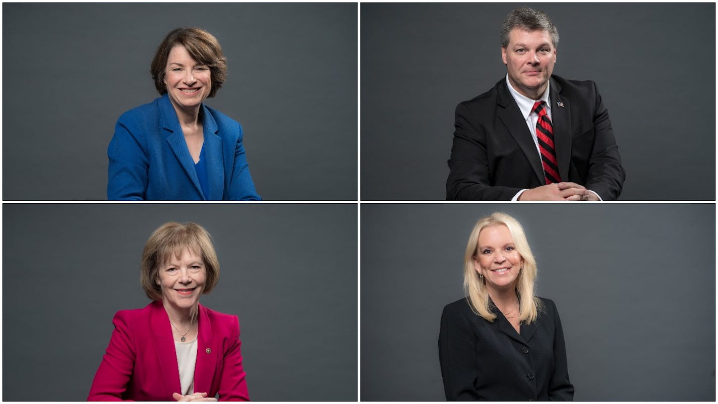 U.S. Sen. Amy Klobuchar (top left) is running against GOP state Rep. Jim Newberger, and U.S. Sen. Tina Smith (bottom left) is running against GOP state Sen. Karin Housley.