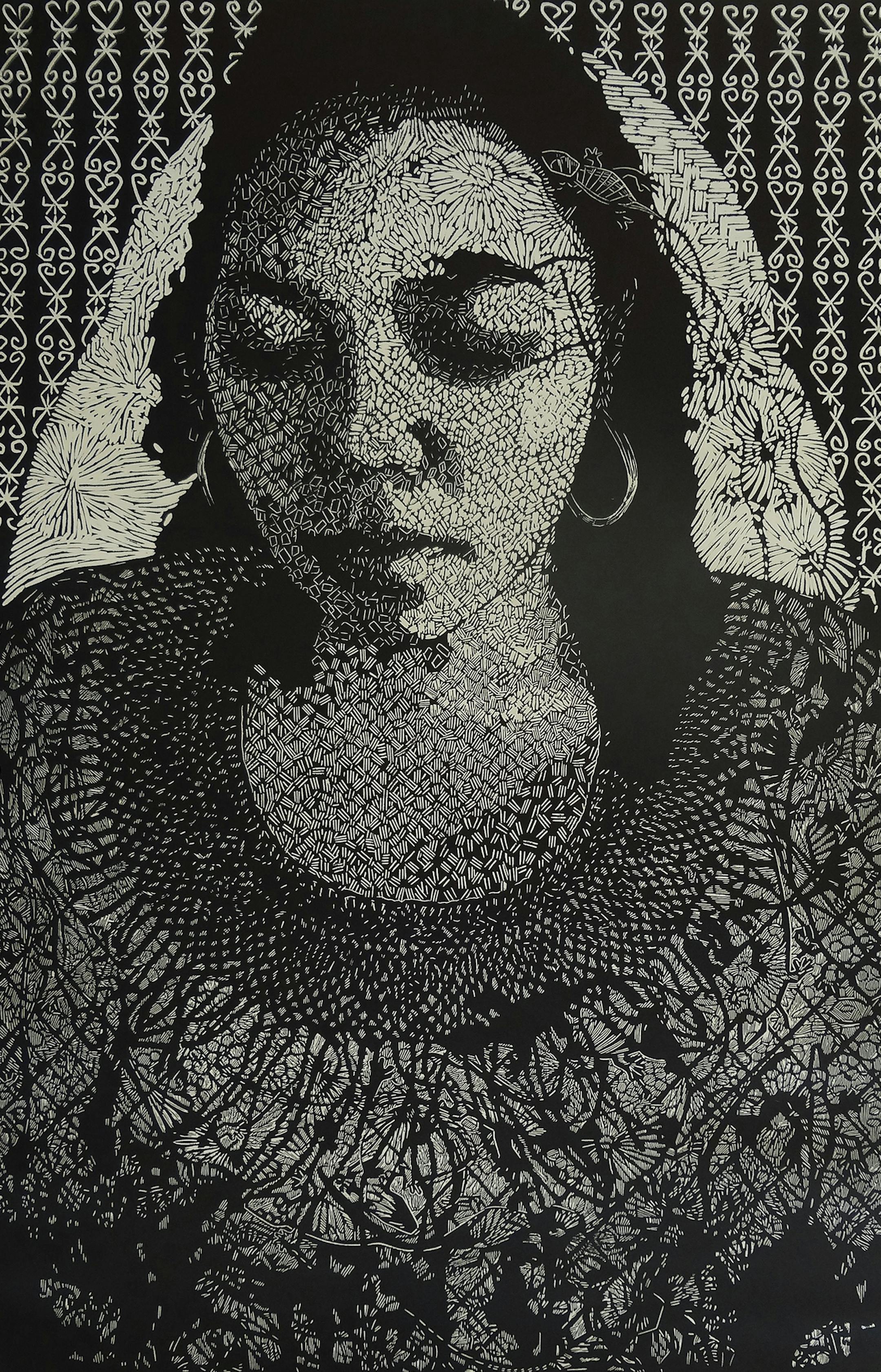 AmÈrica Rodriguez," Mirando hacia dentro, Vestida de miedo", linocut, 2013. Provided by Highpoint Center for Printmaking