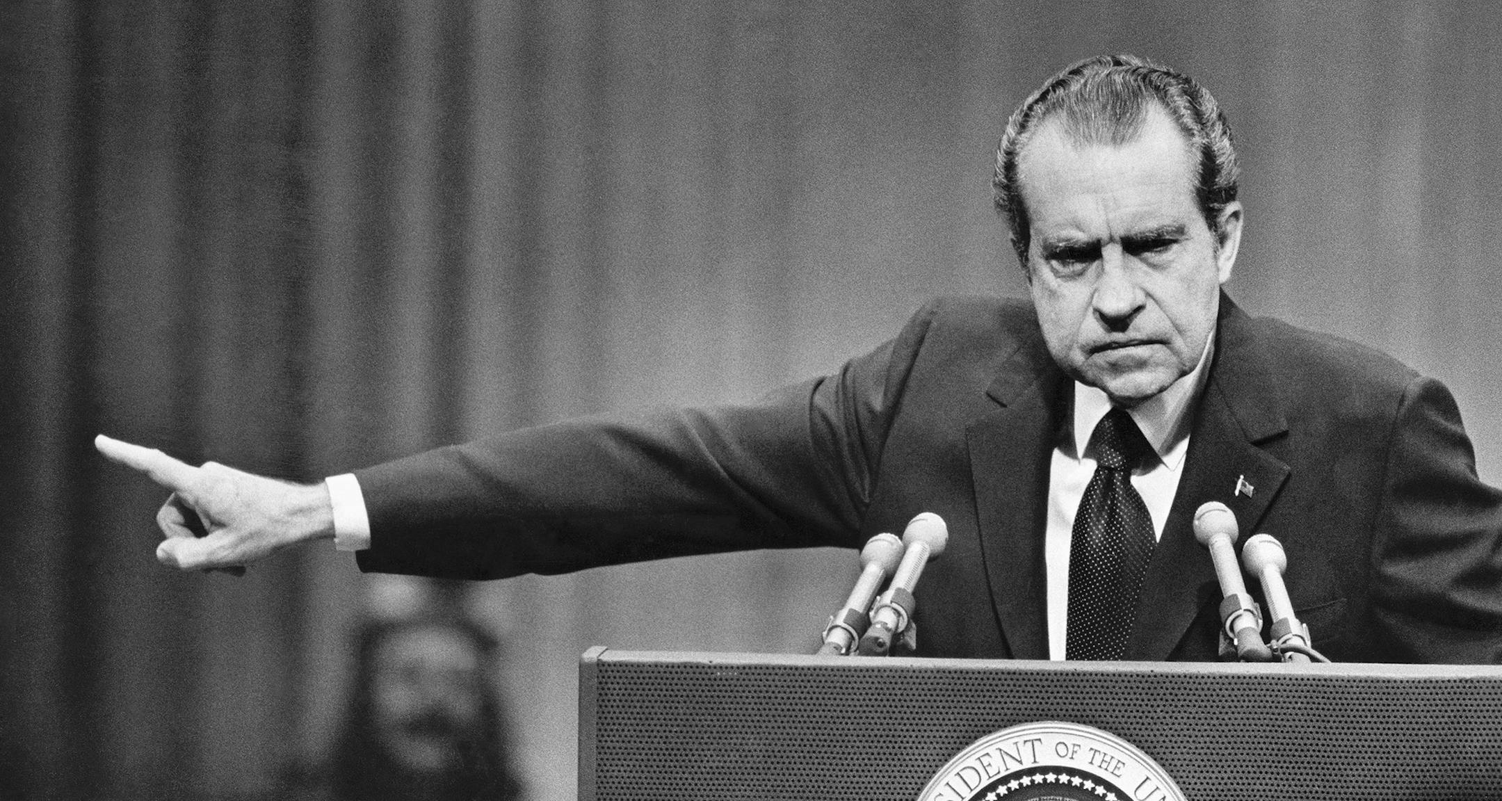 FILE ó President Richard Nixon speaks at a rally at the Nassau Coliseum in Uniondale, N.Y., Oct. 23, 1972. President Donald Trumpís firing of FBI Director James Comey on May 9, 2017, drew instant comparisons to the Saturday Night Massacre, in which Nixon fired the special prosecutor looking into Watergate. (Michael Evans/The New York Times) ORG XMIT: MIN2017051012075316