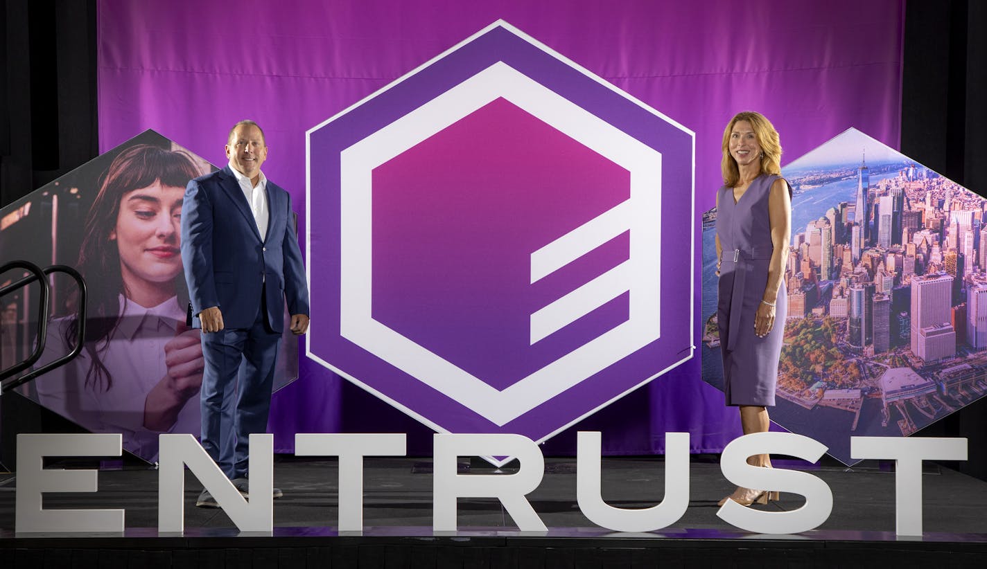 Entrust CEO Todd Wilkinson and chief marketing officer Karen Kaukol. (CARLOS GONZALEZ/Star Tribune) ] CARLOS GONZALEZ • cgonzalez@startribune.com – Shakopee, MN – September 10, 2020, Entrust Datacard is launching their rebrand campaign as Entrust. Photos of CEO Todd Wilkinson and chief marketing officer Karen Kaukol.