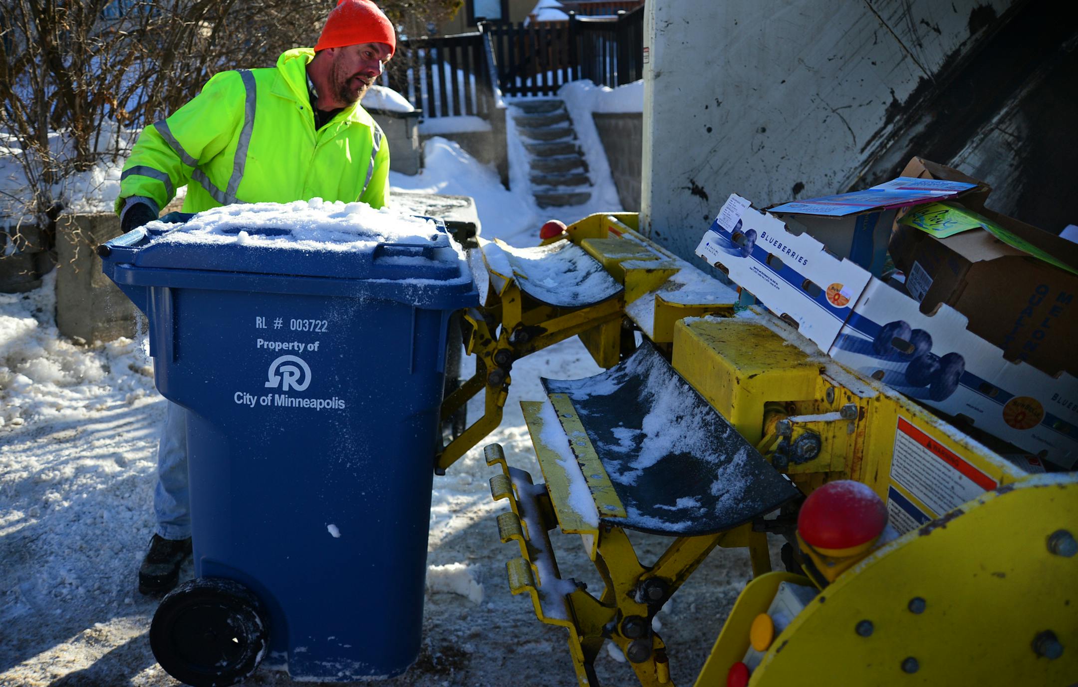 The single-sort recycling system in Minneapolis, will have its one-year anniversary this summer. So far, city data show that recycling worker injuries have dropped significantly since the system was implemented, saving the city about $250,000 so far this year. Jon Mollers has been working in recycling for 27 years , he wears a high visibility jacket and ear plugs. It's still optional to wear eye goggles and today he didn't have to wear ice cleats on his shoes. ] Richard.Sennott@startribune.com R