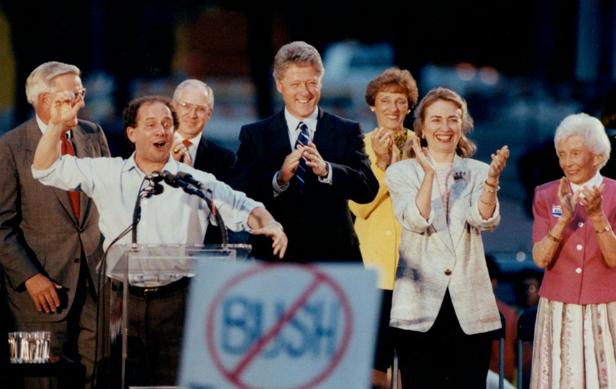 August 8, 1992: Minnesotans with Bill and Hillary Clinton: Walter Mondale, Sen. Paul Wellstone, Attorney General Hubert Humphrey lll and Joan Mondale.
