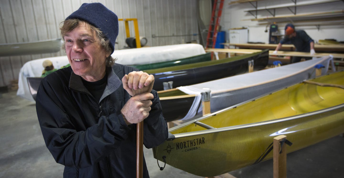 Will Steger, who will leave in coming weeks to canoe the boundary waters, east to west, as they break up with ice, visited North Star canoes in Princeton to check out his modified canoe.