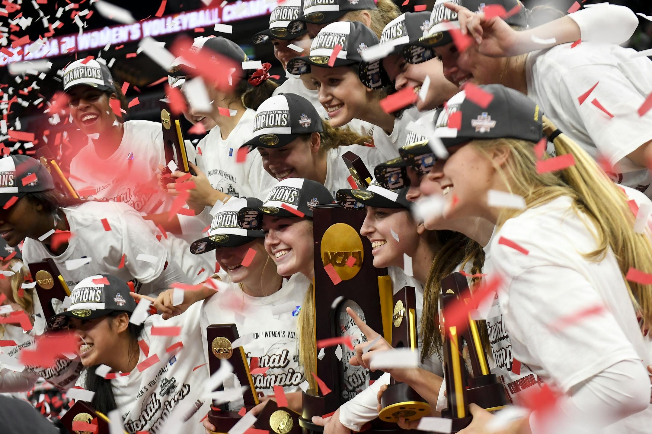 Stanford celebrated after defeating Nebraska 3-2 in the NCAA DI volleyball championship match Saturday night.