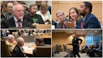 Jeremy Moen, top left, reacted to testimony against legalization; top right, bill author Sen. Melisa Franzen listened as legalization advocate Marcus 