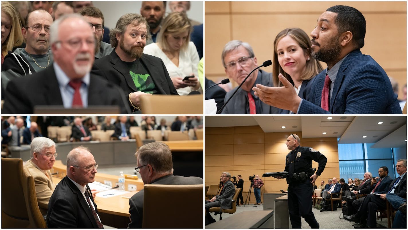 Jeremy Moen, top left, reacted to testimony against legalization; top right, bill author Sen. Melisa Franzen listened as legalization advocate Marcus Harcus spoke. Plymouth Police Chief Mike Goldstein, lower right, and GOP senators, lower left, were opposed.