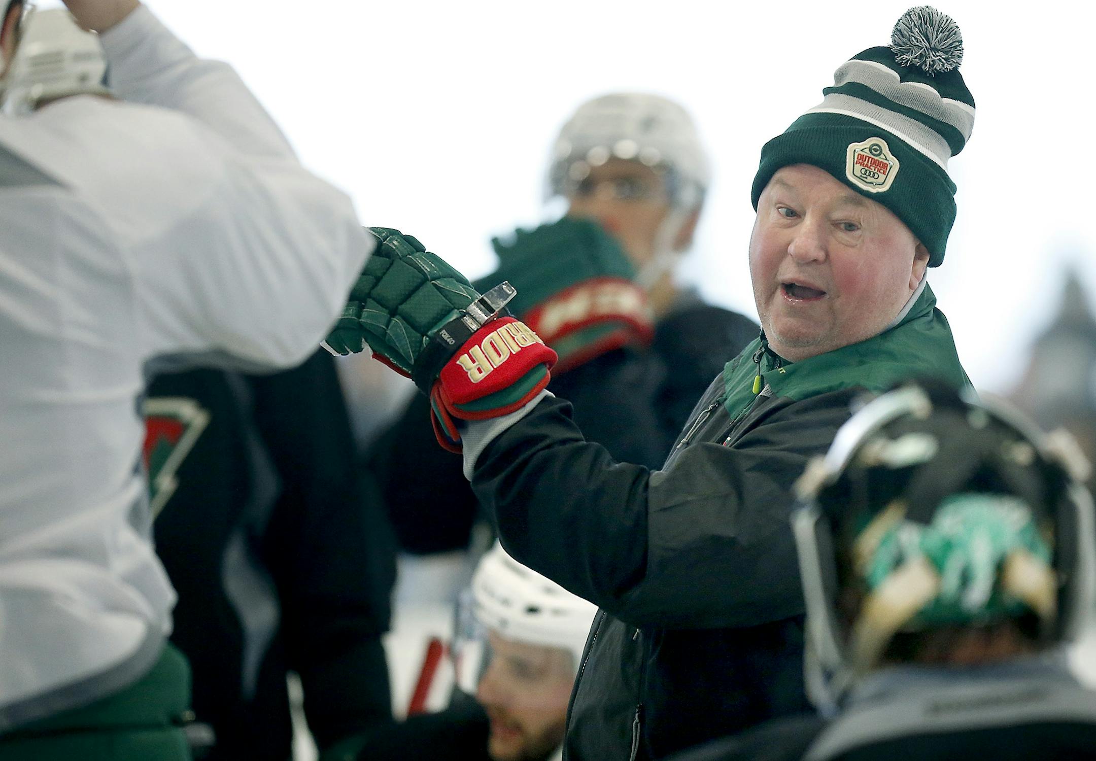 Minnesota Wild Head Coach Bruce Boudreau took to the ice for practice during an open outdoor Wild practice at the Backyard Outdoor Ice Rink at Braemar Arena, Monday, January 2, 2017 in Edina, MN.