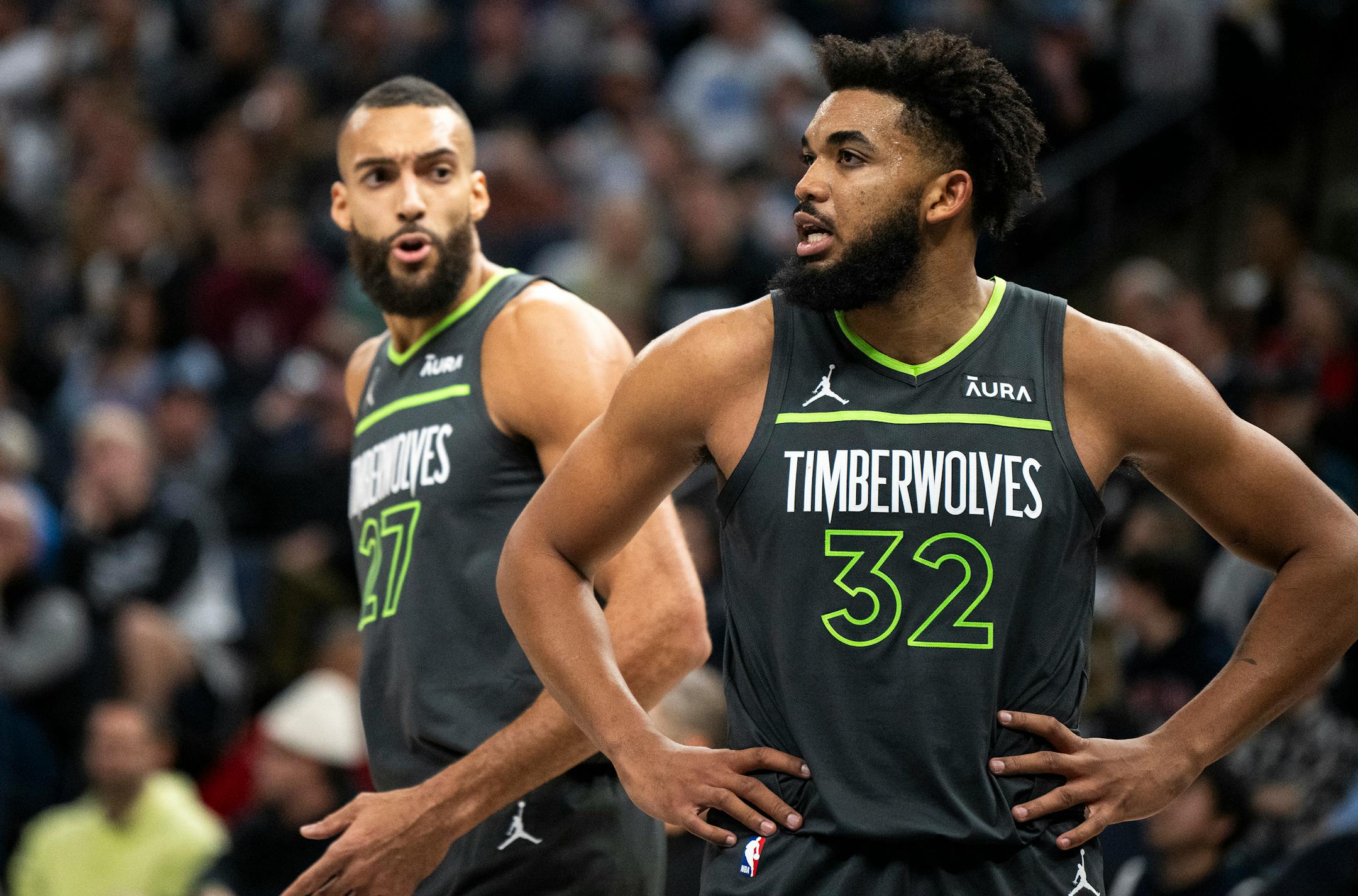 On Dec. 6, 2023, the Minnesota Timberwolves' Karl-Anthony Towns (32) and Rudy Gobert (27) confer in the third quarter against the San Antonio Spurs at Target Center in Minneapolis. (Stephen Maturen/Getty Images/TNS) ORG XMIT: 98099189W