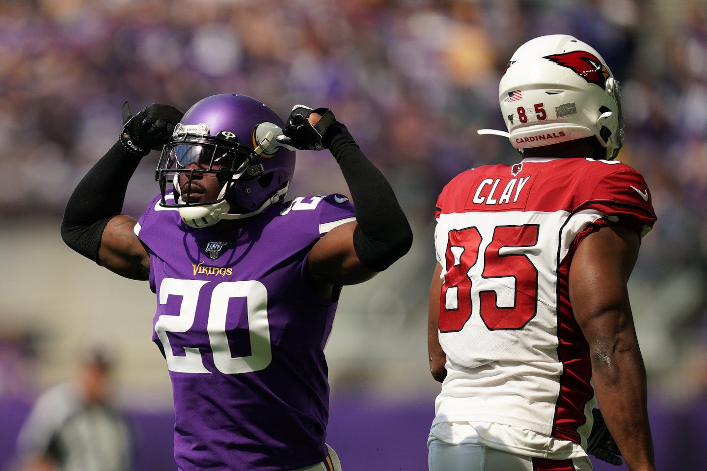 Minnesota Vikings cornerback Mackensie Alexander (20) celebrated after tackling Arizona Cardinals tight end Charles Clay (85) in the first half. ] ANTHONY SOUFFLE &#x2022; anthony.souffle@startribune.com The Minnesota Vikings played the Arizona Cardinals in an NFL Preseason game Saturday, Aug. 24, 2019 at U.S. Bank Stadium in Minneapolis.