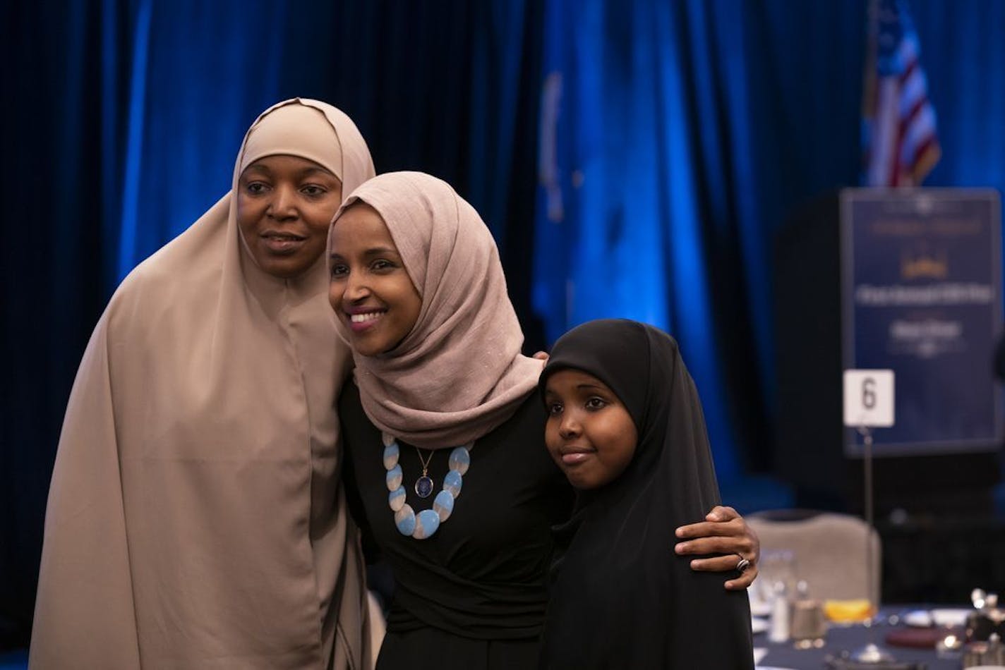 Safiya Mohamed and her daughter Sumaya, 9, posed for a photo with U.S. Rep. Ilhan Omar while waiting for iftar to commence.