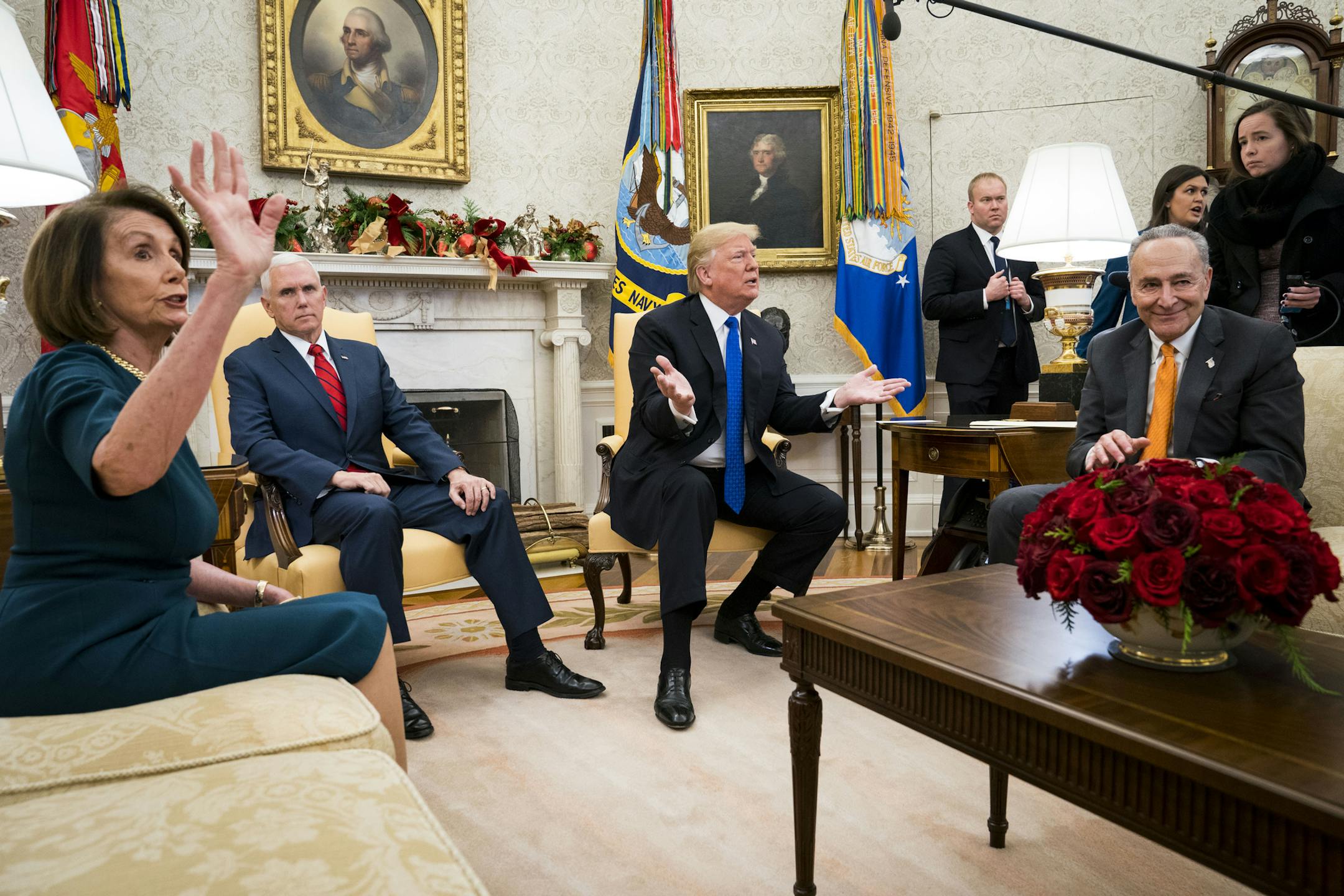President Donald Trump and Vice President Mike Pence meet with House Minority Leader Nancy Pelosi (D-Calif.) and Senate Minority Leader Chuck Schumer (D-N.Y.) at the White House in Washington, Dec. 11, 2018. In an extraordinarily public altercation with Democratic congressional leaders, Trump vowed here to block full funding for the government if they refused his demand for a wall, saying he was ìproud to shut down the government for border security.î (Doug Mills/The New York Times)