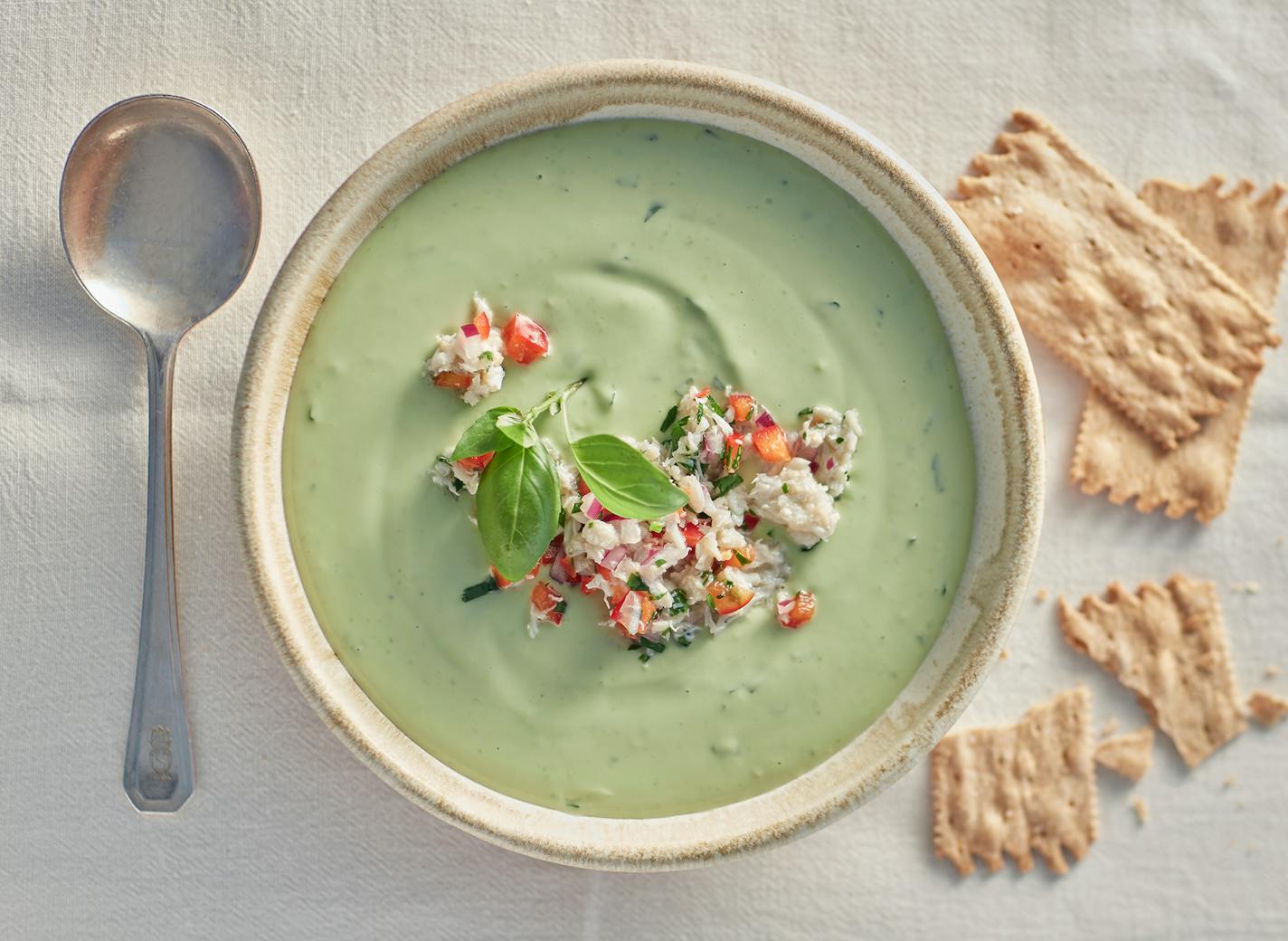 Avocado Soup with Crab Salad. Photo: Dennis Becker Food styling: Lisa Golden Schroeder