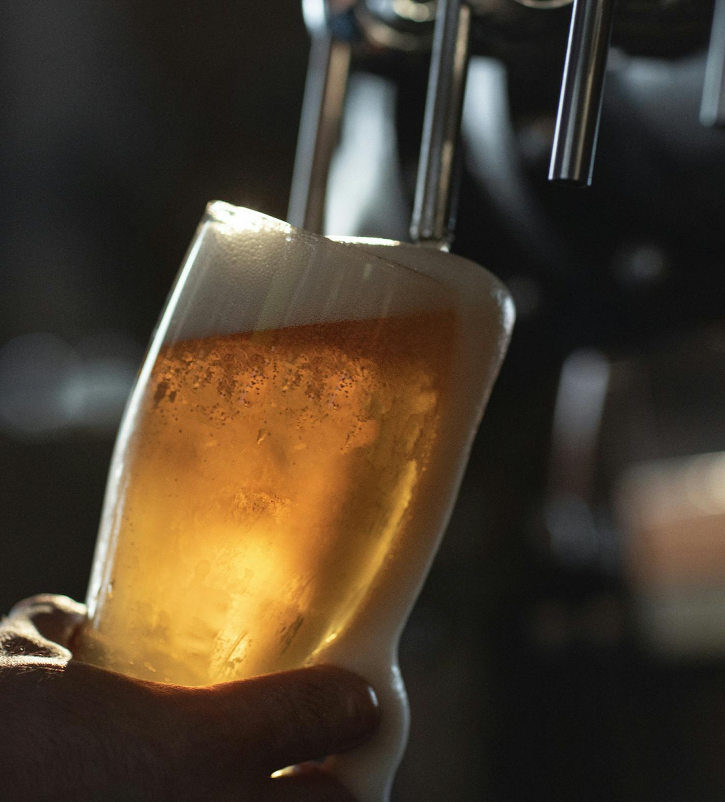 Fresh beer filling the glass directly from the tap. With extra foam spilling over glass.