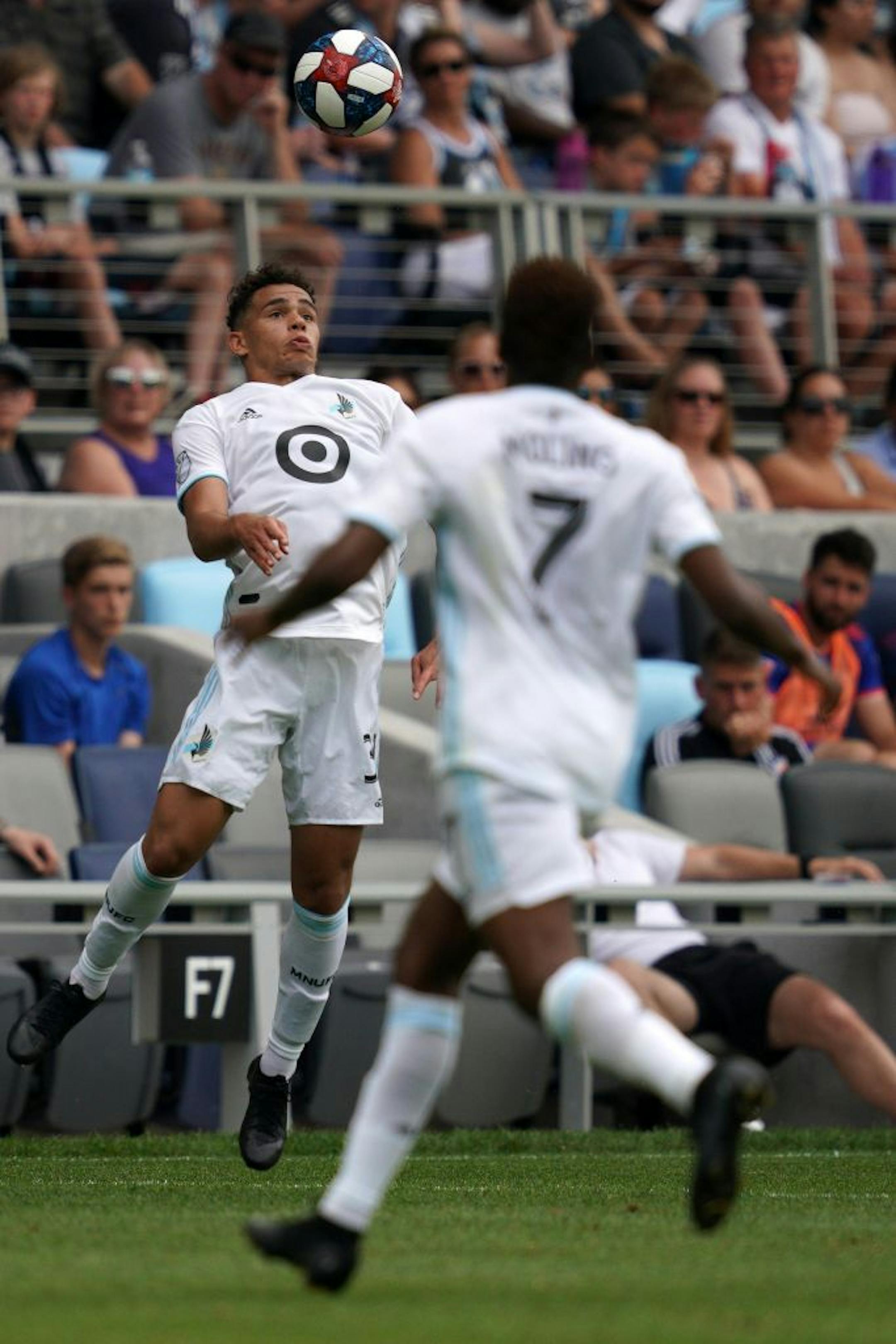 Minnesota United midfielder Hassani Dotson (31) settled a long cross in the second half.