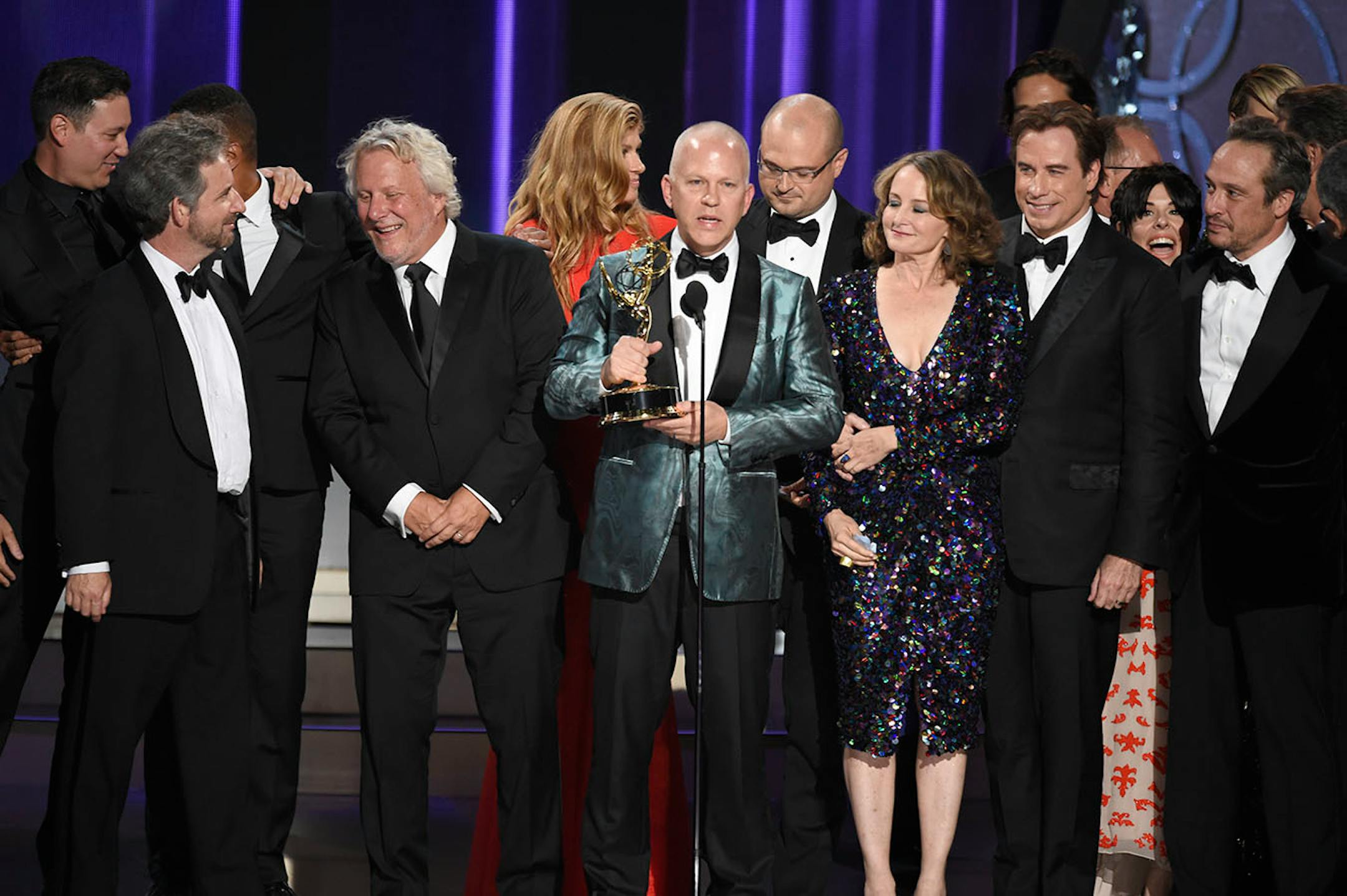 Ryan Murphy and the cast and crew of 'The People v. O.J. Simpson: American Crime Story' accept the award for outstanding limited series at the 68th Primetime Emmy Awards on Sunday, Sept. 18, 2016, at the Microsoft Theater in Los Angeles.