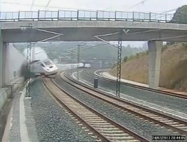 This image taken from security camera video shows a train derailing in Santiago de Compostela, Spain, on Thursday July 25, 2013.