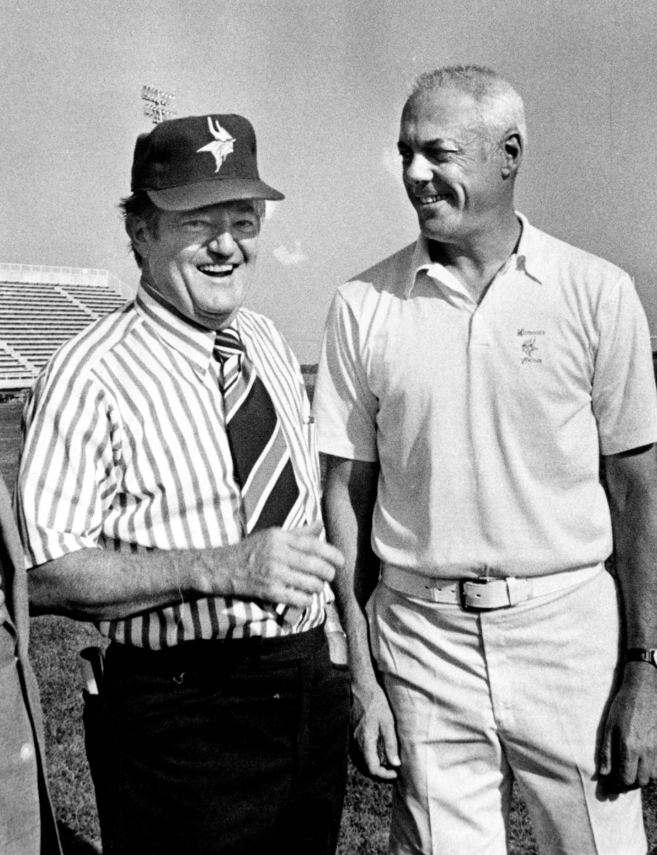 Hubert Humphrey and Minnesota Vikings coach Bud Grant Grant gave Humphrey his hat on September 3, 1971.