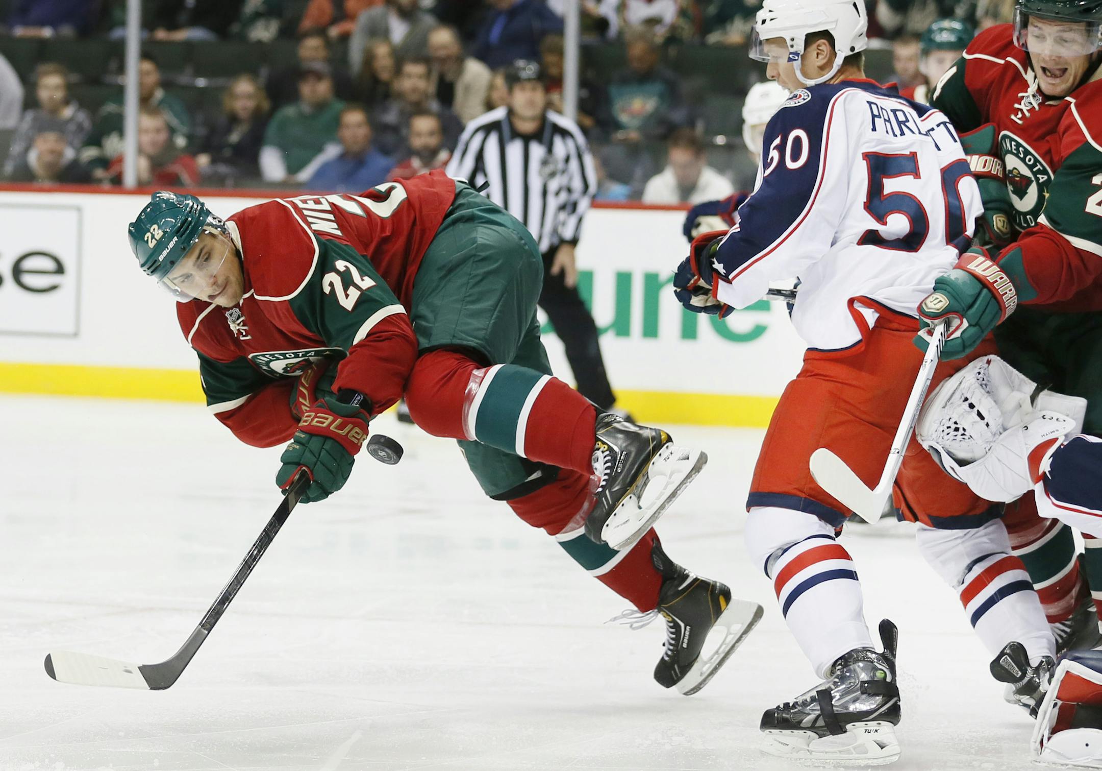 Minnesota Wild right wing Nino Niederreiter (22) was upended by Blue Jackets defenseman Blake Parlett (50) in the first period during NHL action between the Minnesota Wild and the Columbus Blue Jackets September 17, 2013 at Xcel Energy Center in St. Paul, MN. ] JERRY HOLT ‚Ä¢ jerry.holt@startribune.com