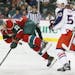 Minnesota Wild right wing Nino Niederreiter (22) was upended by Blue Jackets defenseman Blake Parlett (50) in the first period during NHL action betwe