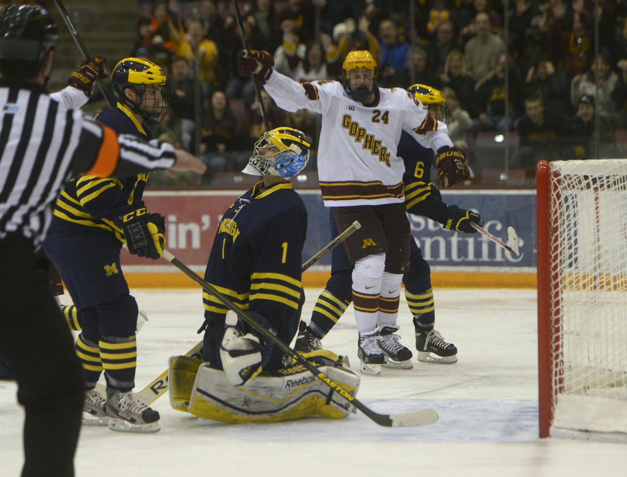 Hudson Fasching scores in the third period of the Minnesota Gophers men's hockey game vs. Michigan Wolverines on Saturday, February 15, 2014 in Minneapolis, Minn. ] (AMANDA SNYDER/ Special to the Star Tribune)