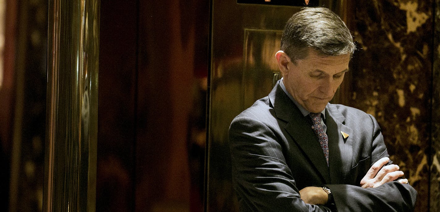 FILE ó Retired Lt. Gen. Michael Flynn, then President-elect Donald Trumpís choice for National Security Adviser, in the lobby of Trump Tower in New York on Dec. 12, 2016. Flynn is expected to plead guilty on Dec. 1, 2017, to lying to the FBI about a conversation with the Russian ambassador in December 2016. (Sam Hodgson/The New York Times)