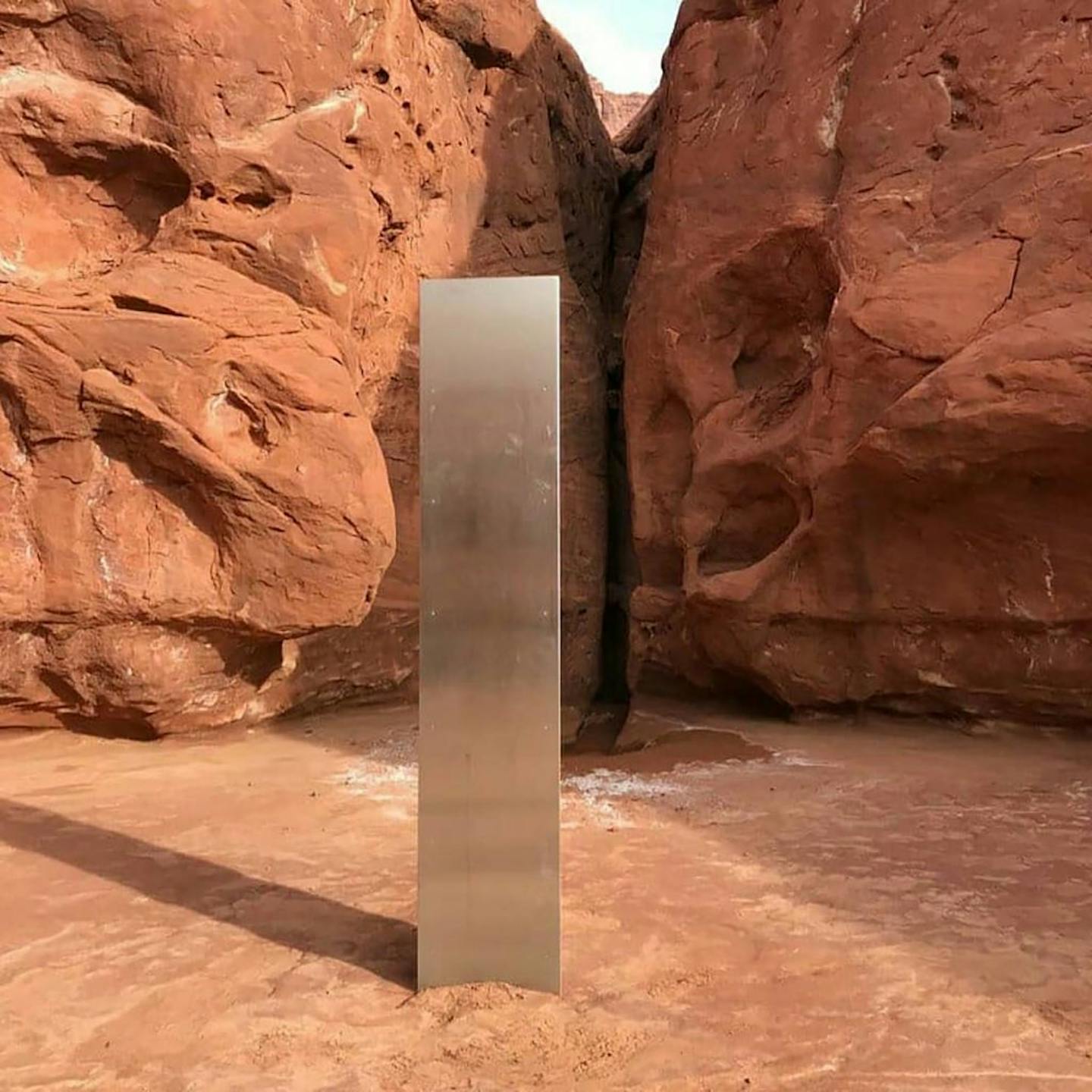 In an undated image provided by the Utah Department of Public Safety, a monolith embedded in the rock in southeastern Utah, Nov. 18, 2020.