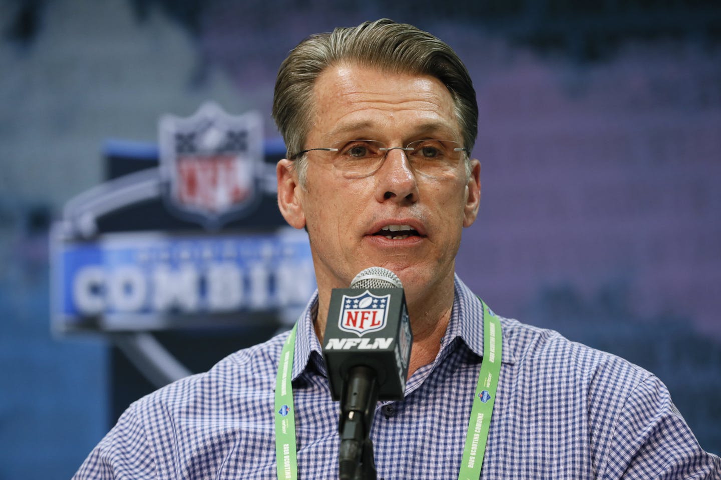 Minnesota Vikings general manager Rick Spielman speaks during a press conference at the NFL football scouting combine in Indianapolis, Tuesday, Feb. 25, 2020. (AP Photo/Charlie Neibergall)