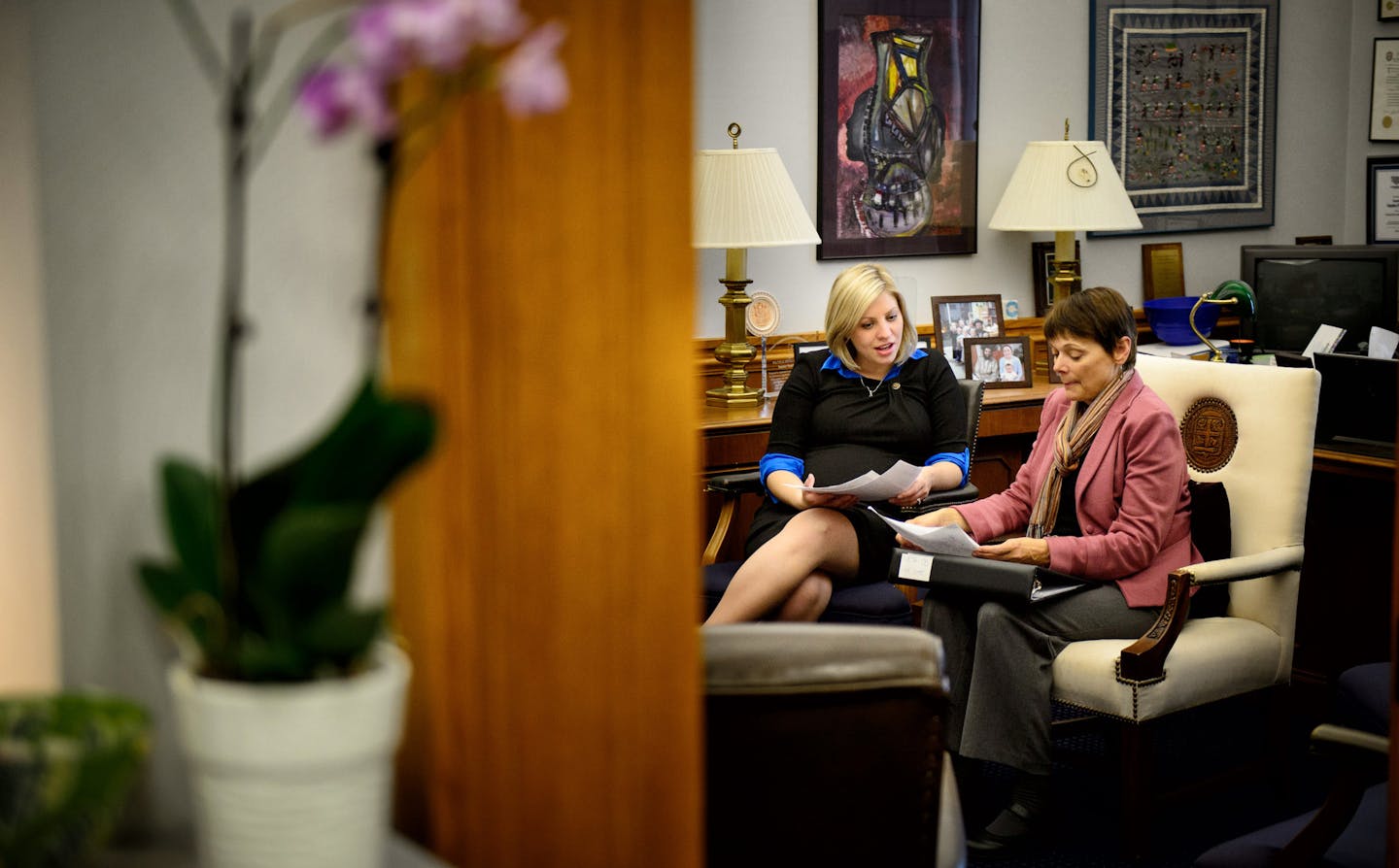 Rep. Carly Melin talked with Sen. Sandra Pappas about the Women's Economic Security Act bill which Melin authors. ] Wednesday, April 30, 2014 GLEN STUBBE * gstubbe@startribune.com