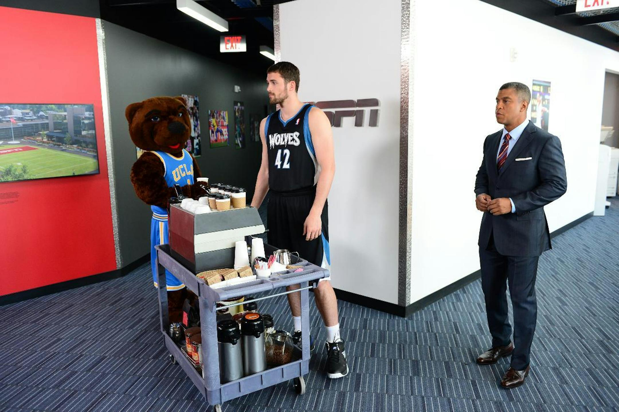 Production still for the 2012 This is SportsCenter campaign with UCLA mascot, Kevin Love and Stan Verrett