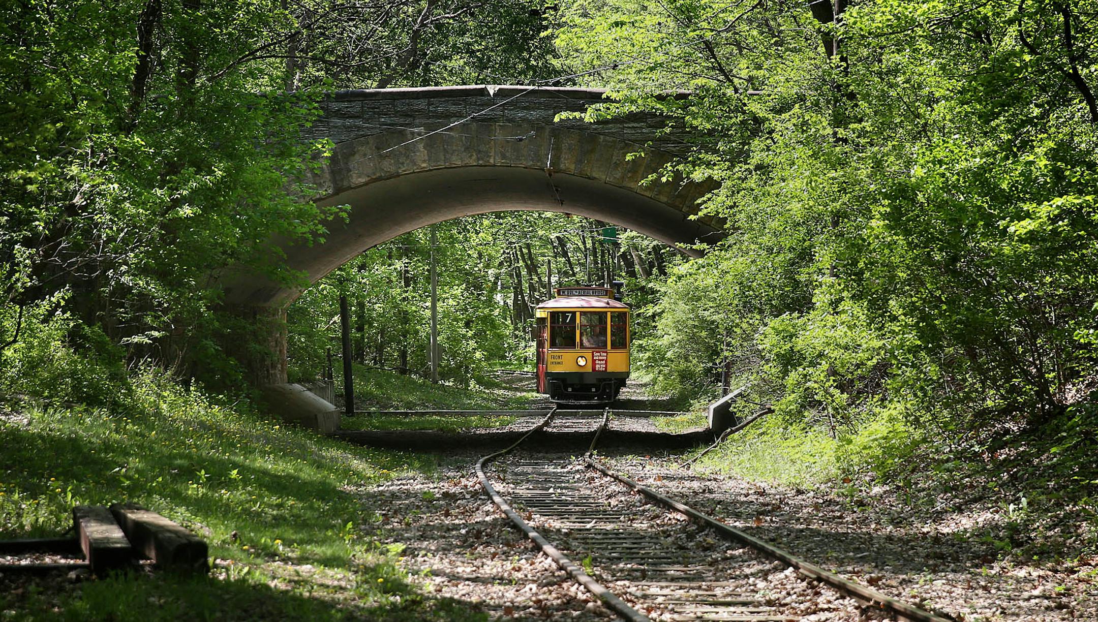 A trolley car built in 1915 carried passengers along the historic Como-Harriet Streetcar Line between lakes Harriet and Calhoun in Minnapolis.