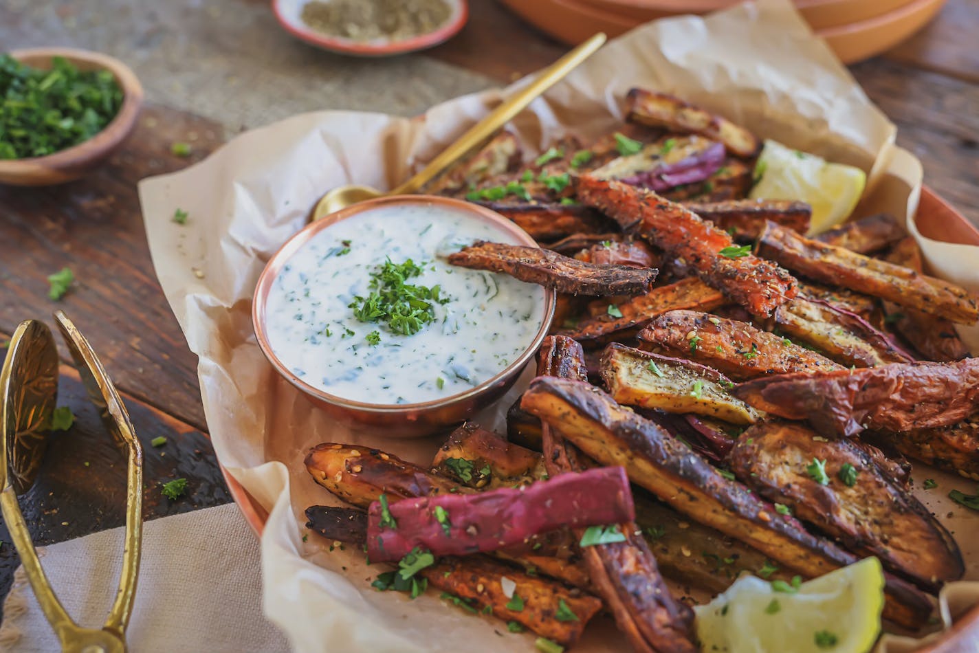 Hot and Spicy Sweet Potato Fries with Cilantro Lemon Dipping Sauce. Recipe by Beth Dooley, photo by Ashley Moyna Schwickert, Special to the Star Tribune