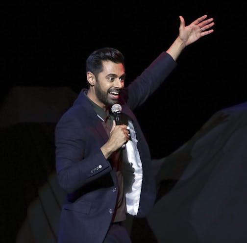 FILE- In this Nov. 7, 2017, file photo comedian Hasan Minhaj performs on stage during the 11th Annual Stand Up for Heroes benefit, presented by the New York Comedy Festival and The Bob Woodruff Foundation, at the Theater at Madison Square Garden in New York. Netflix faced criticism on Wednesday, Jan. 2, 2019, for pulling an episode in Saudi Arabia of Minhaj&#x2019;s &#x201c;Patriot Act&#x201d; that criticized the kingdom&#x2019;s crown prince. (Photo by Brent N. Clarke/Invision/AP, File)