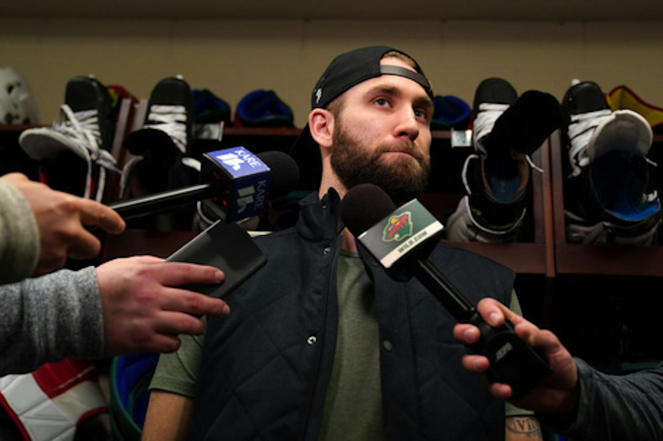 Minnesota Wild left winger Jason Zucker (16) spoke with reporters in the locker room Tuesday. ] ANTHONY SOUFFLE • anthony.souffle@startribune.com