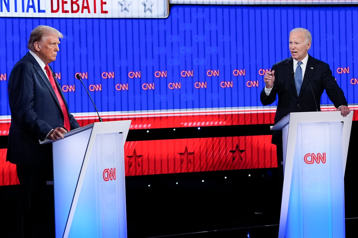 President Joe Biden, right, speaking during a presidential debate with Republican presidential candidate former President Donald Trump, left, Thursday