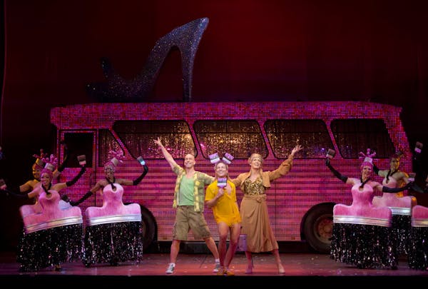 Wade McCollum, Bryan West and Scott Willis and company in "Priscilla Queen of the Desert." The touring version features more than 500 outfits, 60 wigs