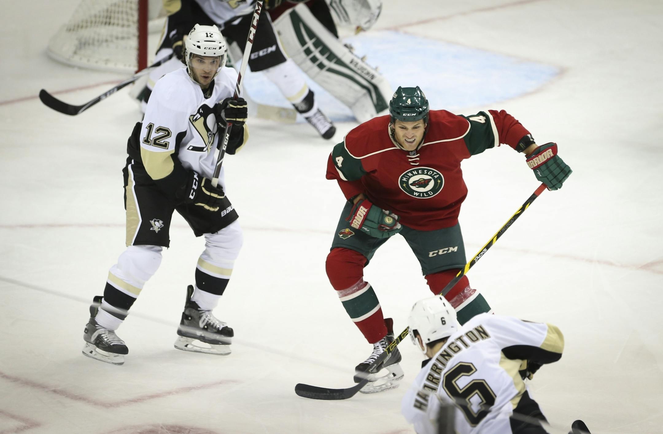 Wild defenseman Stu Bickel looked stood to block a Pittsburgh shot in the first period during the Minnesota Wild vs. the Pittsburgh Penguins pre-season NHL game at the Xcel Energy Center on Monday, September 29, 2014 in St. Paul, Minn.