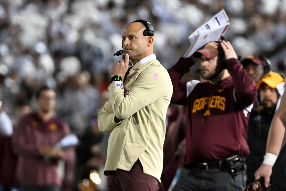 Minnesota coach P.J. Fleck watches during the second half of the Gophers’ 45-17 loss to Penn State on Saturday.