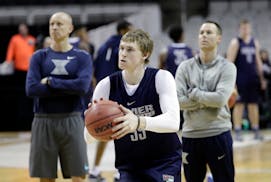 Xavier's J.P. Macura shoots during practice Wednesday, March 22, 2017, in San Jose, Calif., in preparation for an NCAA Tournament college basketball r