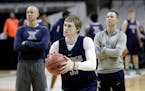 Xavier's J.P. Macura shoots during practice Wednesday, March 22, 2017, in San Jose, Calif., in preparation for an NCAA Tournament college basketball r