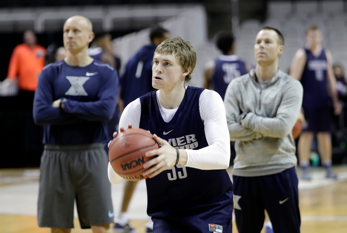 Xavier's J.P. Macura shoots during practice Wednesday, March 22, 2017, in San Jose, Calif., in preparation for an NCAA Tournament college basketball regional semifinal game.