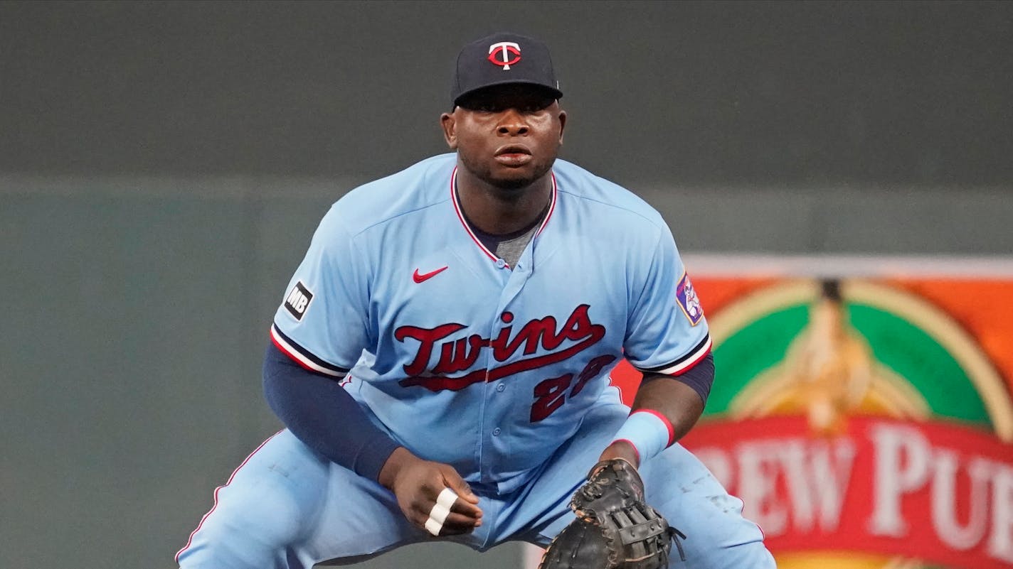 Minnesota Twins' Miguel Sano defends first base in a baseball game against the Toronto Blue Jays, Saturday, Sept. 25, 2021, in Minneapolis. (AP Photo/Jim Mone)