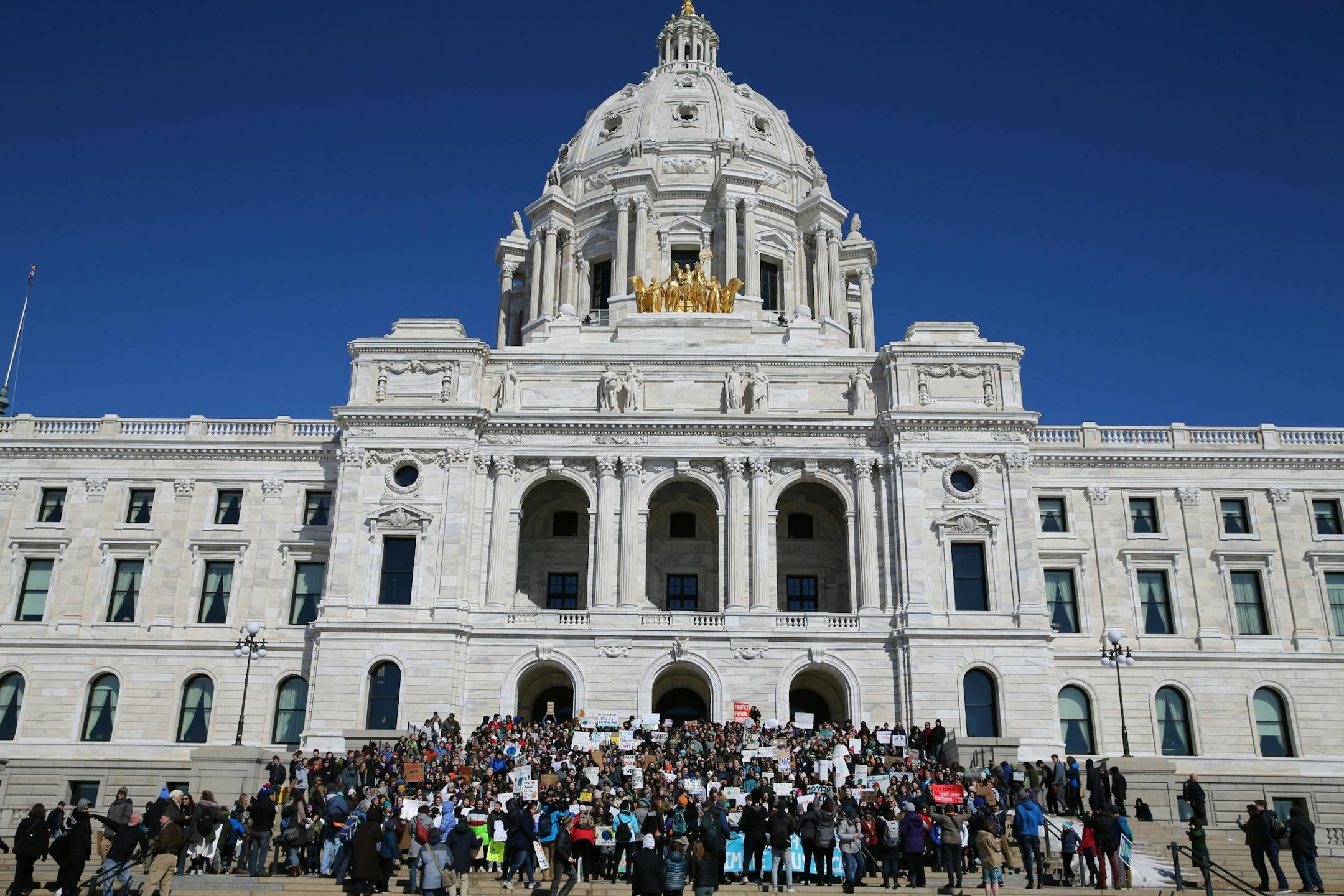 Minnesota students left school and went to the Capitol in St. Paul to be part of an international climate change protest, joining hundreds of thousands of students in more than 100 countries around the globe on Friday, March 15, 2019.