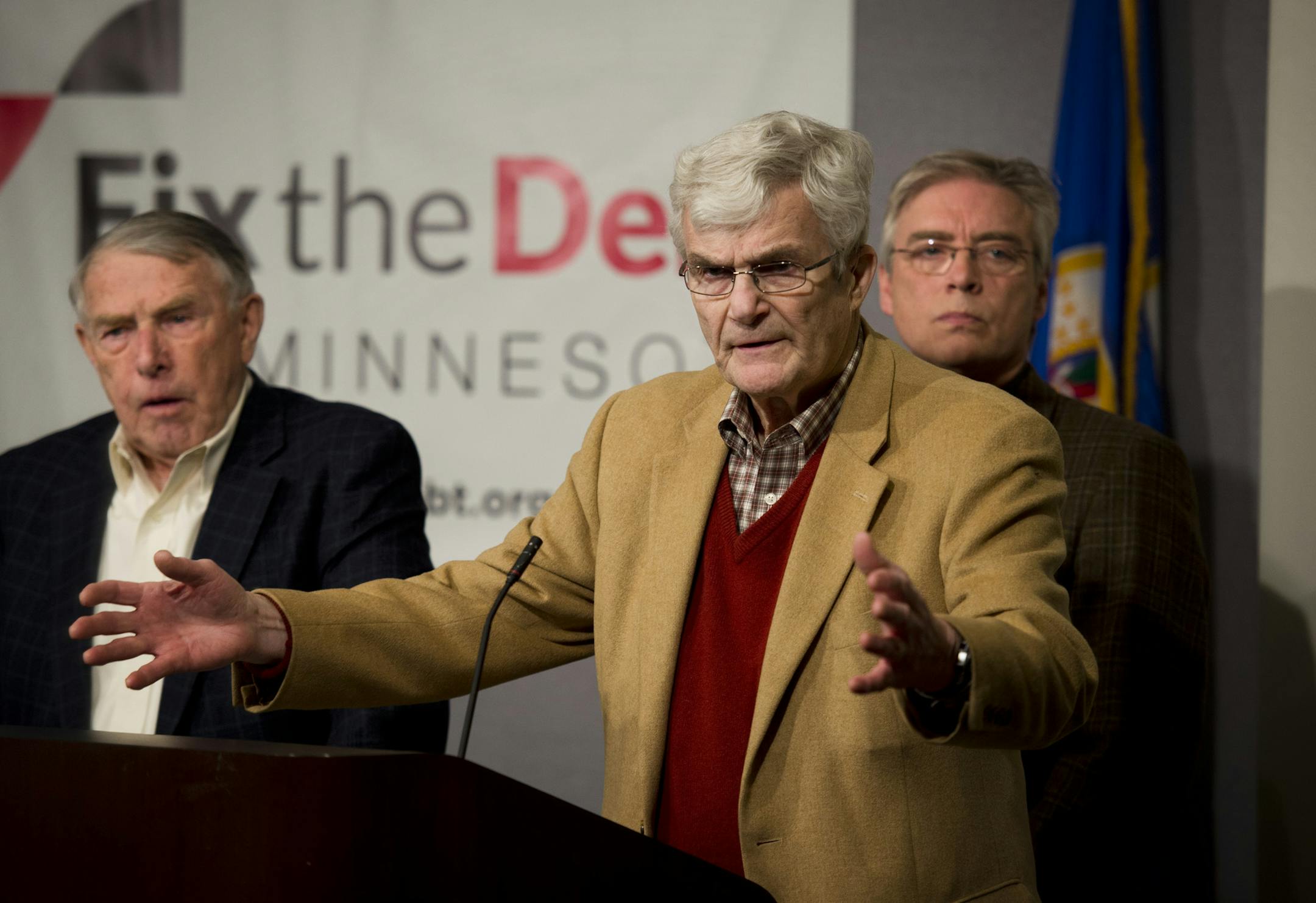 Former Senator Rudy Boschwitz, center, flanked by former Rep. Martin Sabo, left, and Former Rep. Tim Penny launched the Minnesota chapter of Fix the Debt. The Campaign to Fix the Debt is a national bipartisan effort of over 300,000 business leaders, former elected officials and others urging lawmakers in Washington to set aside partisan politics and formulate practical solutions to our national debt problems.Tuesday, January 15, 2013. ] GLEN STUBBE * gstubbe@startribune.com