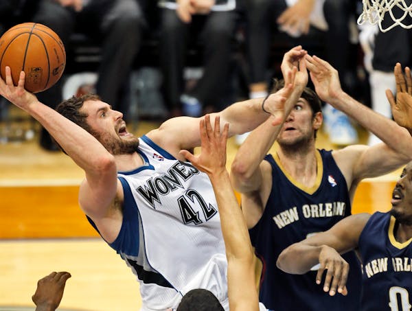 Minnesota Timberwolves vs. New Orleans Pelicans. Minnesota won 88-77. Wolves Kevin Love went up for two of his game-high 30 points in 2nd half action.