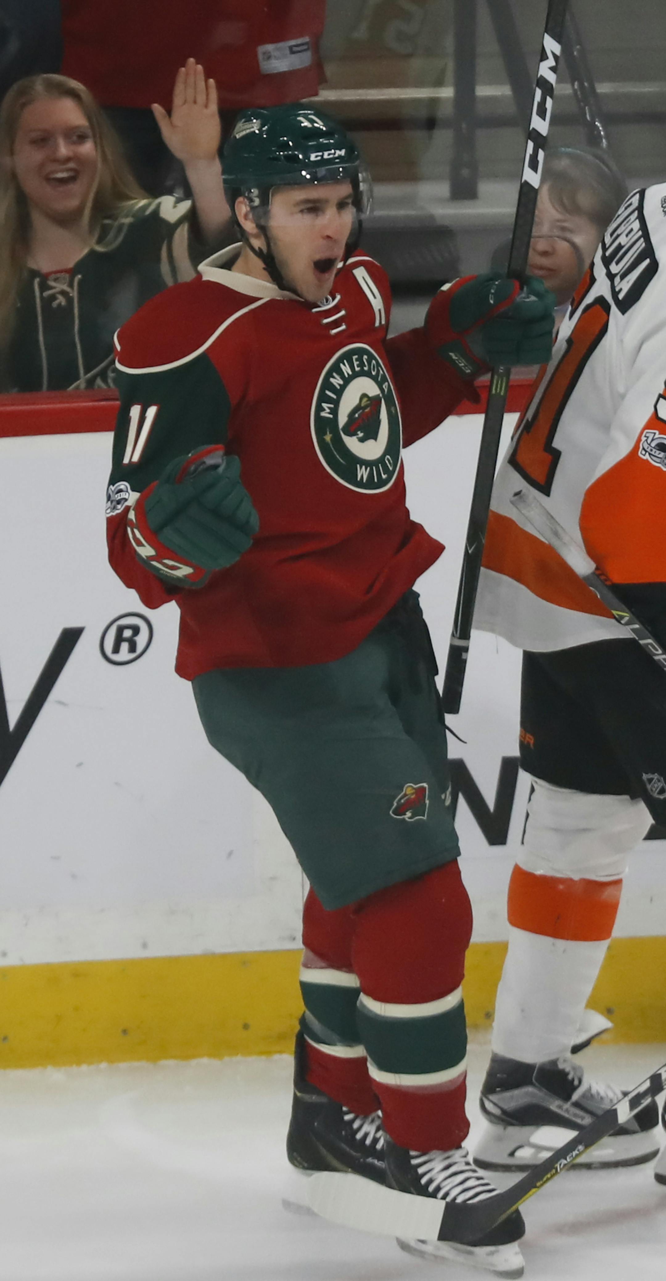 Minnesota's Zach Parise (11) celebrated a goal in the first period. ] RENEE JONES SCHNEIDER &#x2022; renee.jones@startribune.com The Minnesota Wild hosted the Philadelphia Flyers at the Xcel Energy Center in St. Paul, Minn., on March 23, 2017.