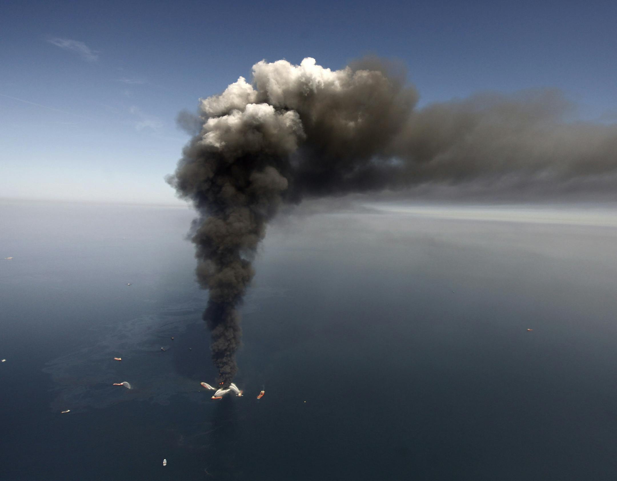 Smoke rose from BP’s Deepwater Horizon offshore oil rig after it exploded in April 2010 and spewed 200 million gallons of oil in the Gulf of Mexico.