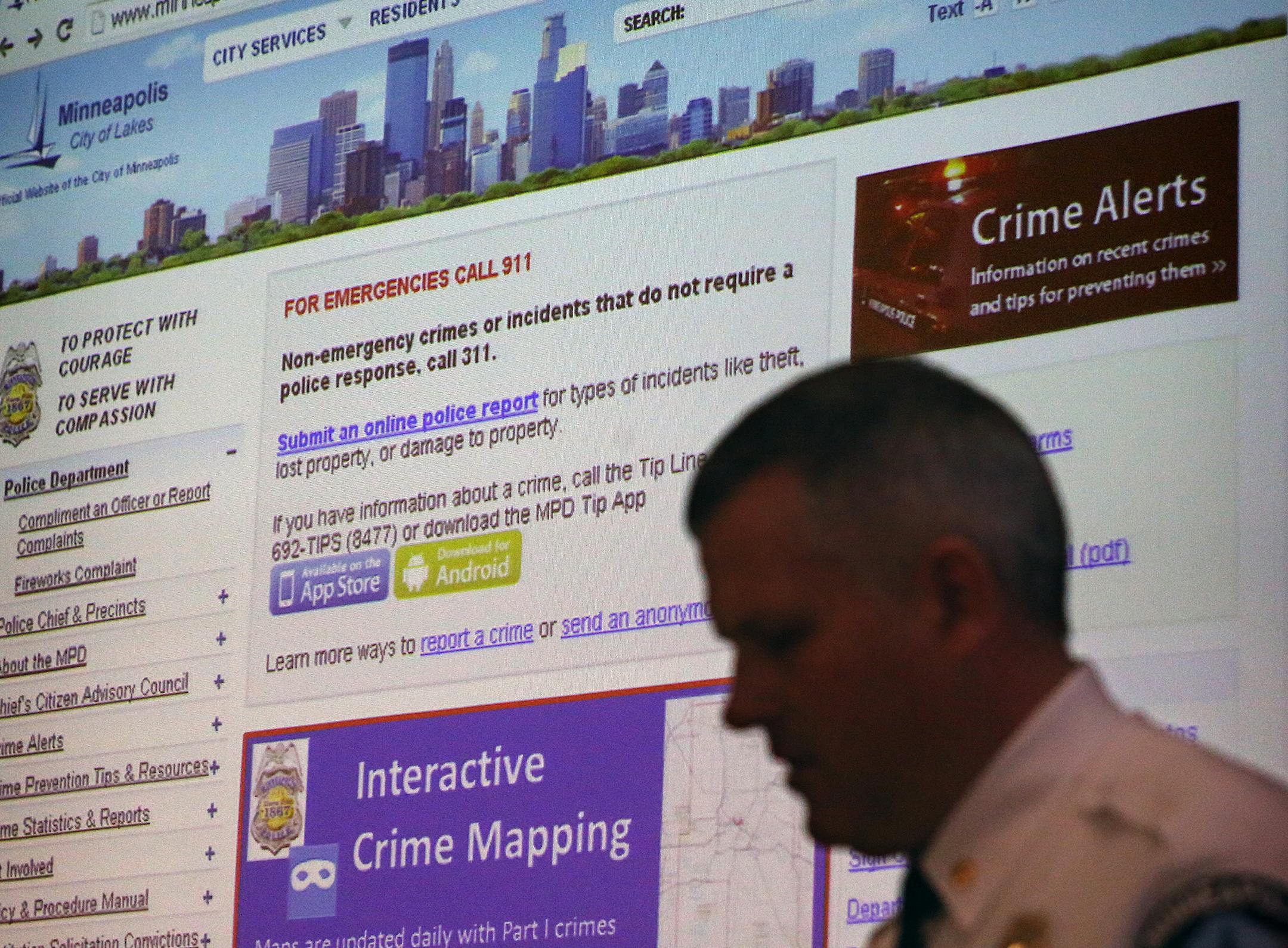 Minneapolis police commander Scott Gerlicher explained a new crime mapping tool, that will enable the public to generate crime maps using recent city data on a new crime mapping website during a news conference at City Hall. ] JIM GEHRZ &#x201a;&#xc4;&#xa2; jgehrz@startribune.com / Minneapolis, MN / February 6, 2014 / 10:00 AM